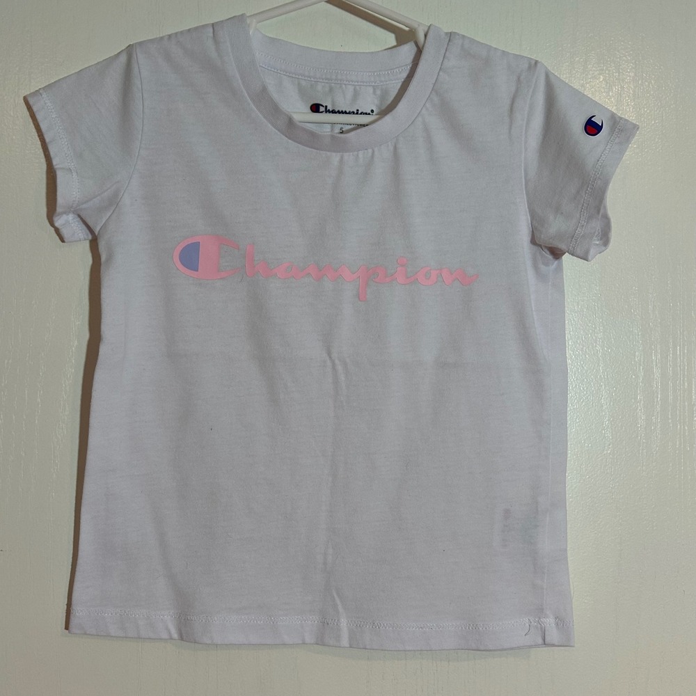 Champion Girls White Short Sleeve Logo Graphic T-Shirt Size 5 Pink Script‎ Tee